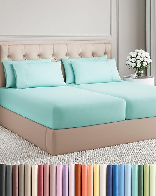Split King 7 Piece Sheet Set - Comfy Breathable & Cooling - Soft Hotel Luxury Bedding Set with 8-16 Inch Deep Pockets - 1 Flat & 2 Fitted Sheet & 4 Pillowcases - Wrinkle Free & Easy Care - Spa Blue
