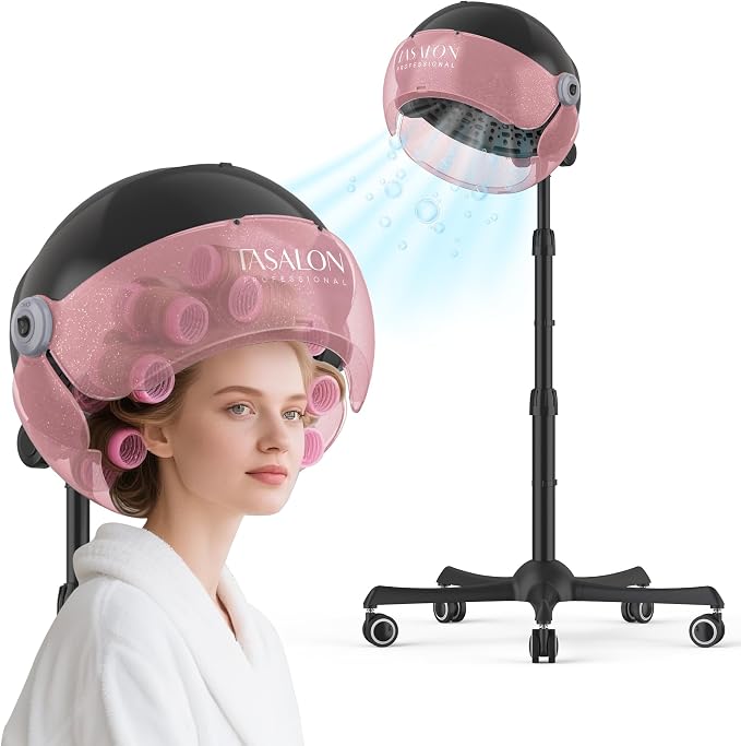 TASALON Ionic Hooded Hair Dryer, 1875W Professional Standing Hair Dryer Bonnet with 3 Temperature Settings, Height Adjustable Rolling Hair Dryer on Wheels, Sit Under Hair Dryer for Home & Salon, Pink
