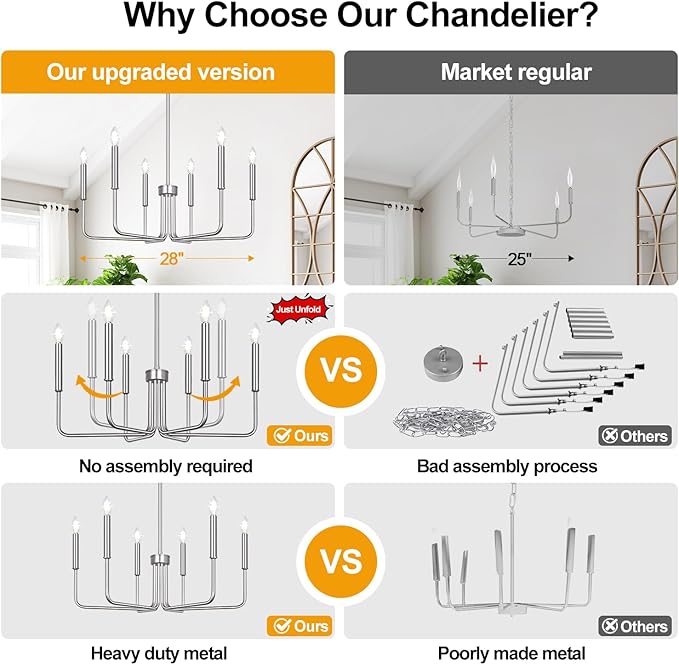 6-Light Farmhouse Chandelier for Dining Room Lighting Fixtures Hanging, Brushed Nickel Dining Light Fixtures Industrial Chandelier for Bedroom, Foyer, Hall, Kitchen, Living Room and Entryway