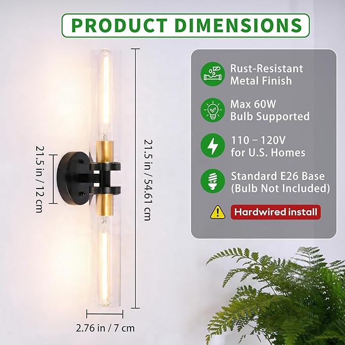 Black and Gold Wall Sconces Set of 2, Hardwired Bathroom Light Fixtures, Modern Bathroom Vanity Wall Lighting with Clear Glass Shade, Farmhouse Wall Sconce for Mirror Bedroom Hallway, E26 Base