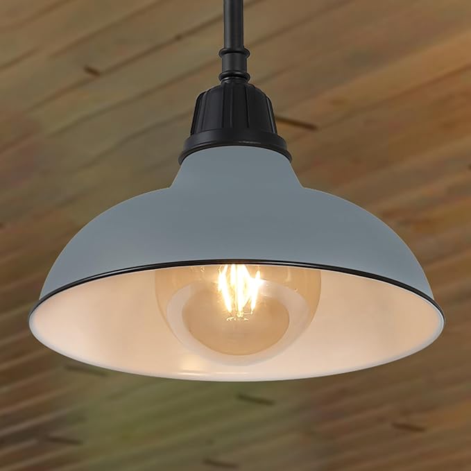 JONATHAN Y 12.25" Matte Silver 1-Light Blue Farmhouse Indoor/Outdoor LED Pendant Iron Hanging Light, and Black Metal Shade, Rustic Ceiling Lamp for Kitchen Island, LED Bulb Included (JYL7611K)