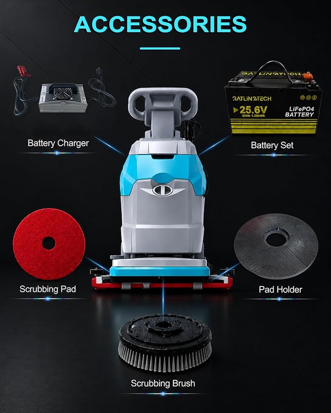 20" Brush Walk Behind Floor Scrubber Machine, 31.5" Squeegee, 12 Gallon Recovery Tank, Cordless Commercial Floor Cleaning Machine with 24V/65Ah Li-ion Battery, 23,140 sq.ft/h Efficiency