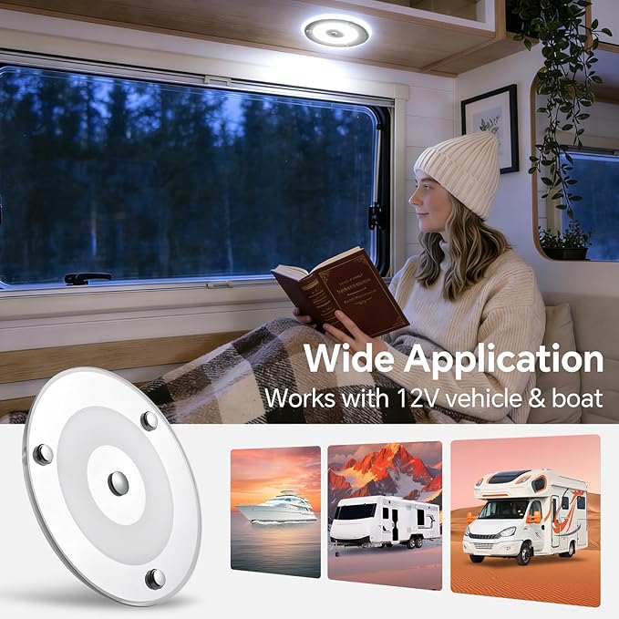 2 Pack 12V LED Ceiling Dome Light 400LM, 4.75" Dimmable Interior Light for RV Boat Camper Van Travel Trailer Truck Sailboat Interior Lighting, Surface Mount & Touch Switch(Cool White)