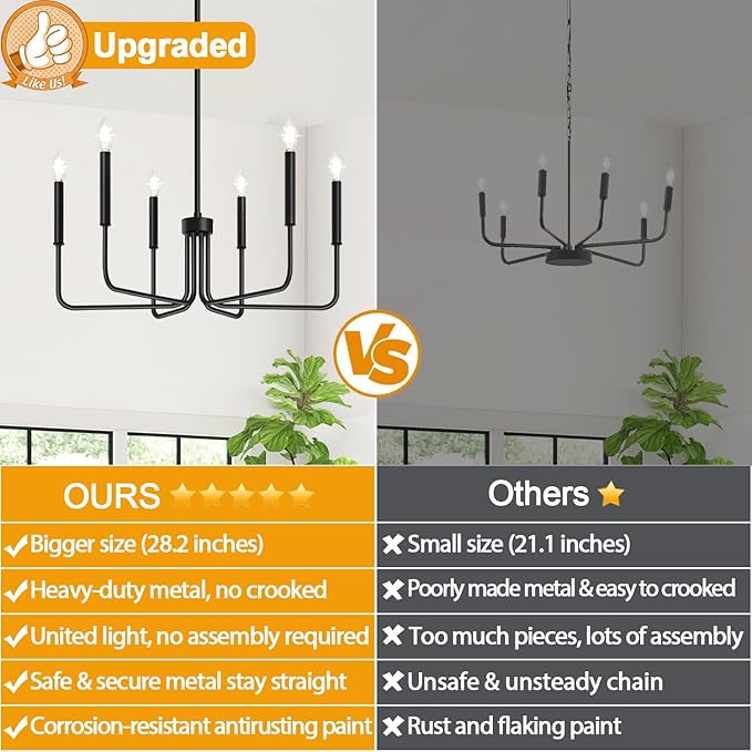 Black Chandelier, 6-Light Farmhouse Chandelier for Dining Room Lighting Fixtures Hanging, Industrial Modern Chandelier for Bedroom, Foyer, Hall, Kitchen, Living Room, Entryway (No Assembly Required)