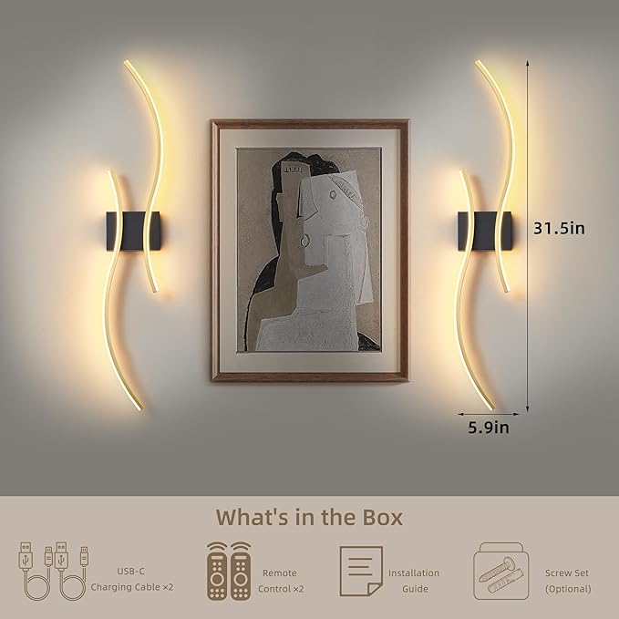 Battery Operated Wall Sconce Set of 2, Dimmable Modern LED Rechargeable Wall Light with Remote Control, Wall Decor for Living Room, Hallway, Quick Install, No Electrician Required