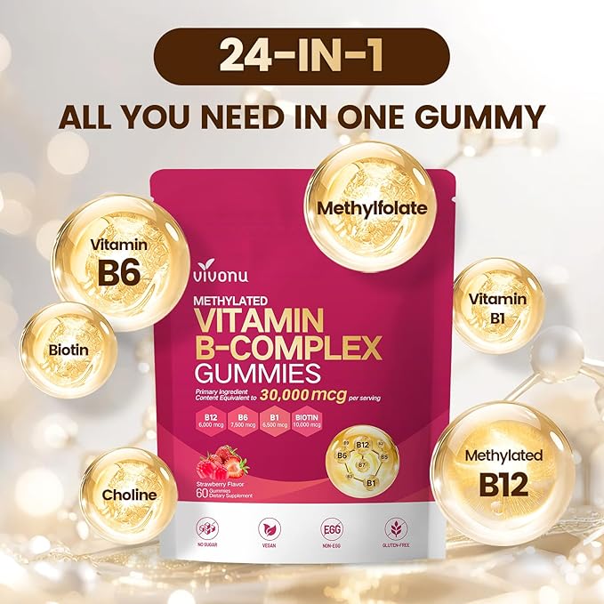 Gummies de Complexe de Vitamines B VivoNu, 6000 mcg de Vitamine B12 Méthylée, avec B6 B1, B2, B3, B5, B7, Méthylfolate, Vitamines A C D E, Véganes, Sans OGM, Vitamine B Complexe Méthylée (2 Sacs)