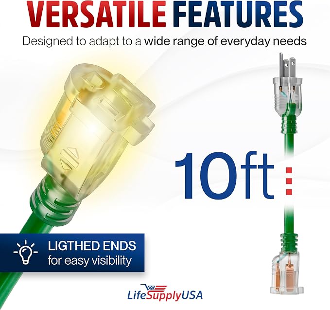 10ft Outdoor/Indoor Extension Cord 14/3 Gauge Heavy Duty 3 Prong SJTW, Waterproof, Flexible Cold-Resistant Long Power Cord,15A 125V 1875W, Green by LifeSupplyUSA
