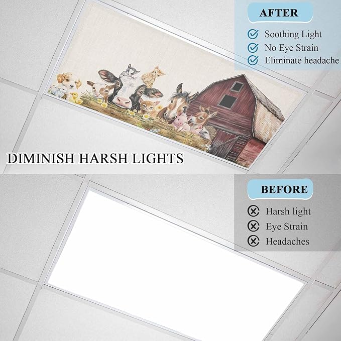 3 Pack Magnetic Fluorescent Light Covers, Farm Barn Horse Sheep Cat Animal Country Retro Linen Background Magnetic Light Covers for Ceiling Lights Classroom Office Home Decor