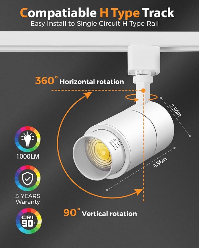 VANoopee 3-Color Zoomable 10W LED Track Lighting Heads H Type Track Light Heads Dimmable Bright Ceiling Spotlight Fixtures Accent Art, 3000K 4000K 5000K Adjustable, CRI90+ 15°-60° 1000lm White 4 Pack