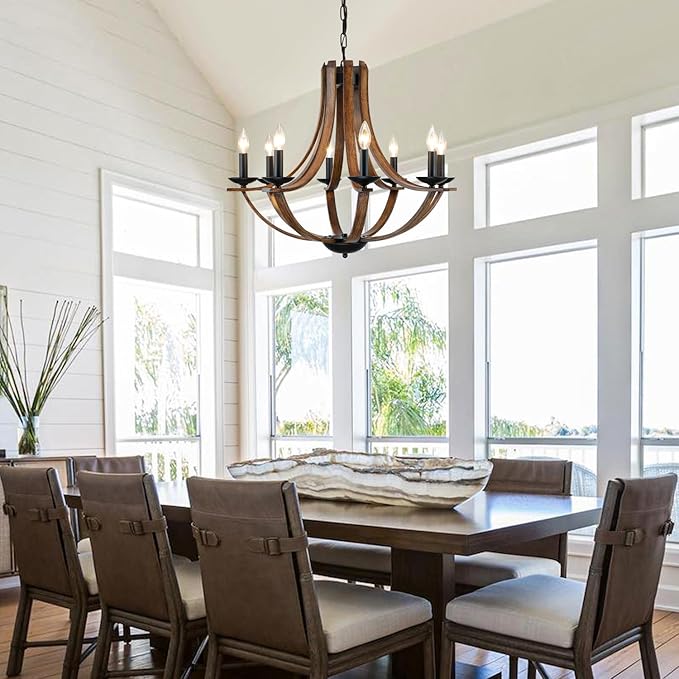 LAMPKEDUO Rustic Farmhouse Dining Room Chandelier Light Fixture, 8-Light 28" Adjustable Chandelier for Kitchen Island, Living Room, Foyer, Staircase, Restaurant, Showroom, Villa, Faux Walnut