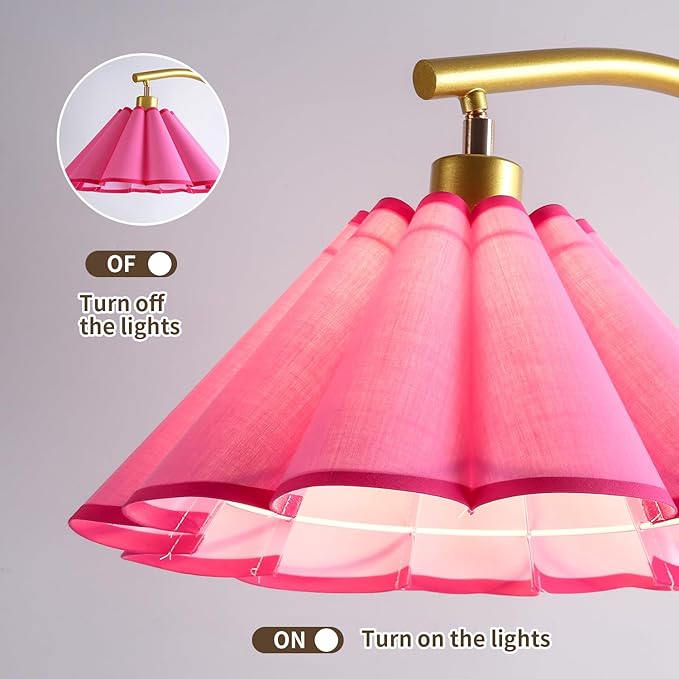 Floor Lamp with Pleated Linen Lampshade, Modern Flower Floor Lamp for Living Room Arc Standing Lamp, Gold Tall Lamp for Bedroom Office Dining Room, Bulb Included (Gold + Pink Color, 66.1IN)