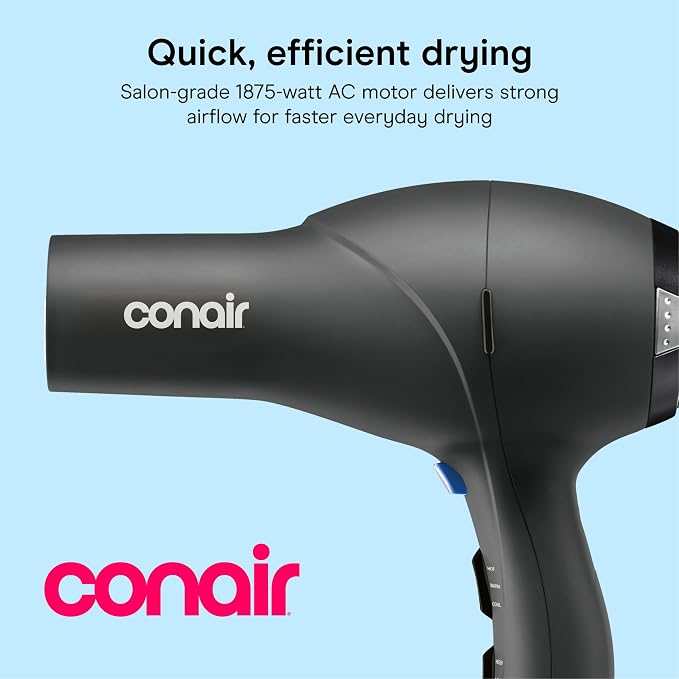 Conair Salon Hair Dryer | 1875W AC Motor for All Hair Types, Includes Bonus Round Brush, Concentrator, Diffuser, Black with Bonus Brush, 259AMRY