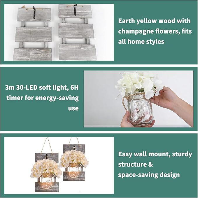 Anount Mason Jar Sconces,Besuerte Rustic Wall Decor Set of Two,LED String Lights for Modern Living Room, Home Decor Living Room Wall Art, 6 Hour Timer Set of 2 Grey (11.8" H x 7.1" W)