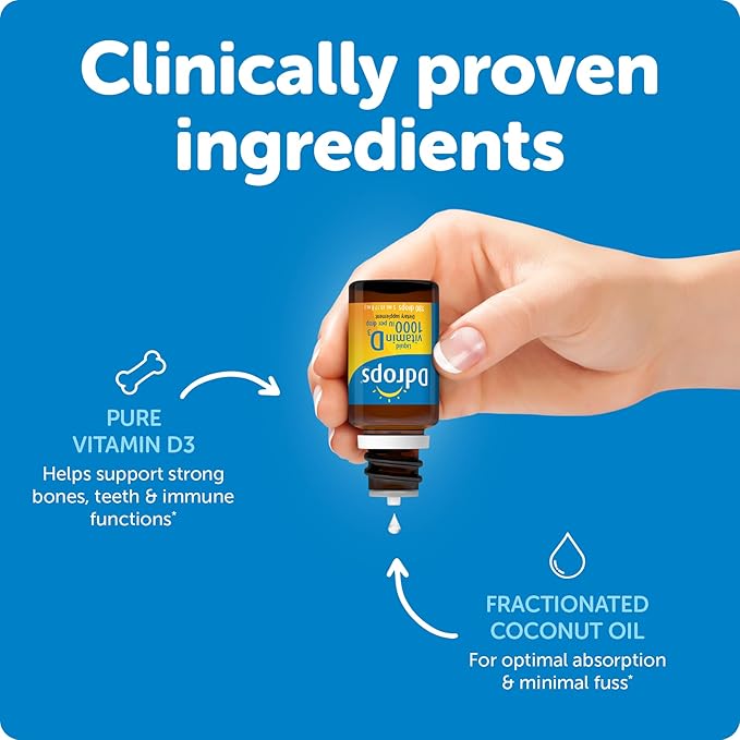 Ddrops Adultes 1000 UI 180 Gouttes, Vitamine D Liquide. Soutient des os solides et le système immunitaire. Pas de grosses capsules, sans conservateurs, sans OGM, hypoallergénique.