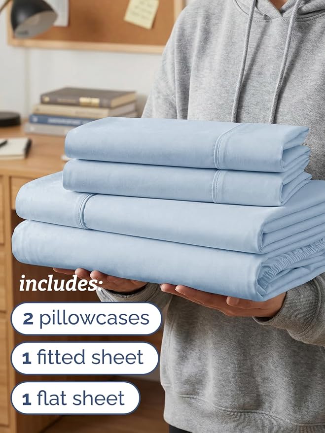 Twin XL 4 Piece Sheet Set - Comfy Breathable & Cooling - Ultra-Soft Hotel Luxury Bedding Set w/ 8-16 Inch Deep Pockets - 1 Flat & 1 Fitted Sheet & 2 Pillowcases - Wrinkle Free & Easy Care - Sky Blue