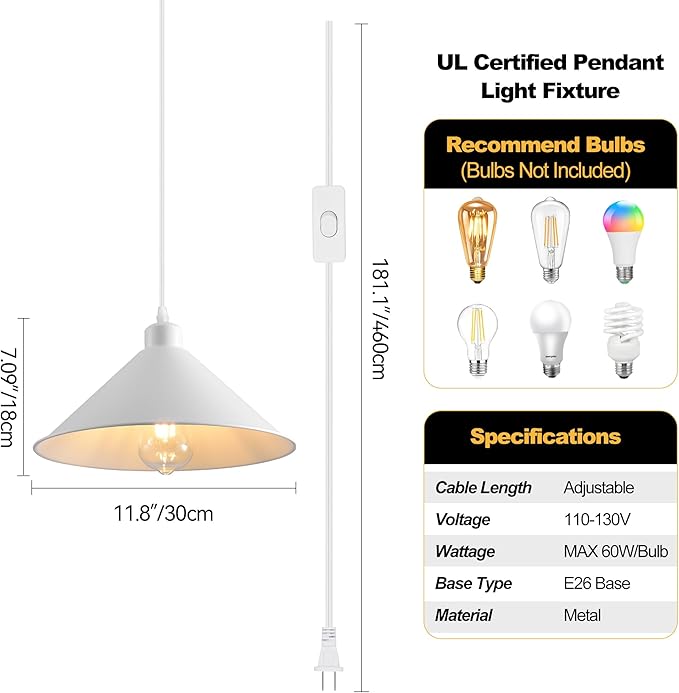 11.8IN Plug in Pendant Light 2 Pack Industrial Hanging Lamp White Vintage Pendant Lighting Fixtures with 15ft Cord On/Off Switch for Kitchen Island Dinning