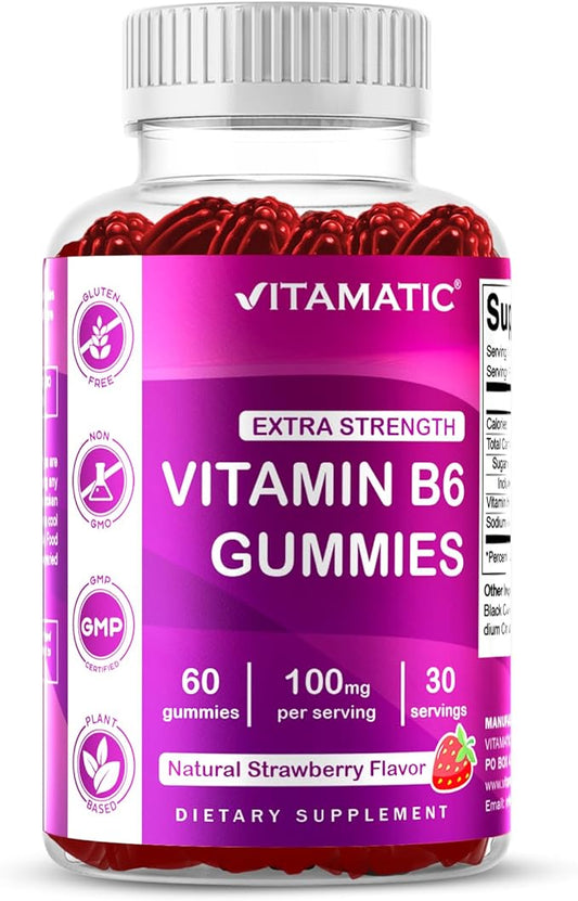 Vitamatic Vitamin B6 100mg - Berry Flavor - 60 Pectin Based Gummies - Supports Nervous System