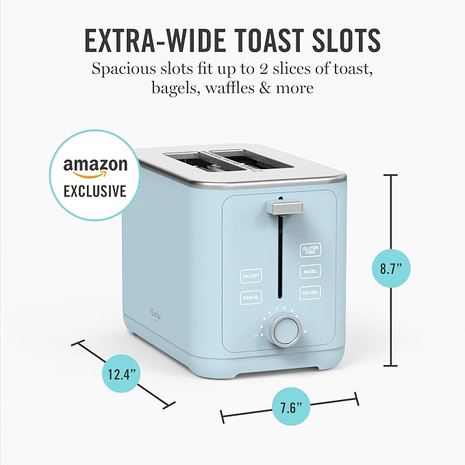 Martha Stewart 2 Slice Toaster, 10 Shade Settings with Defrost, Cancel, Bagel & Gluten-Free, Extra-Wide Self-Centering Slots for Waffles & Artisan Bread, Removable Crumb Tray, Cord Wrap, Sky Blue