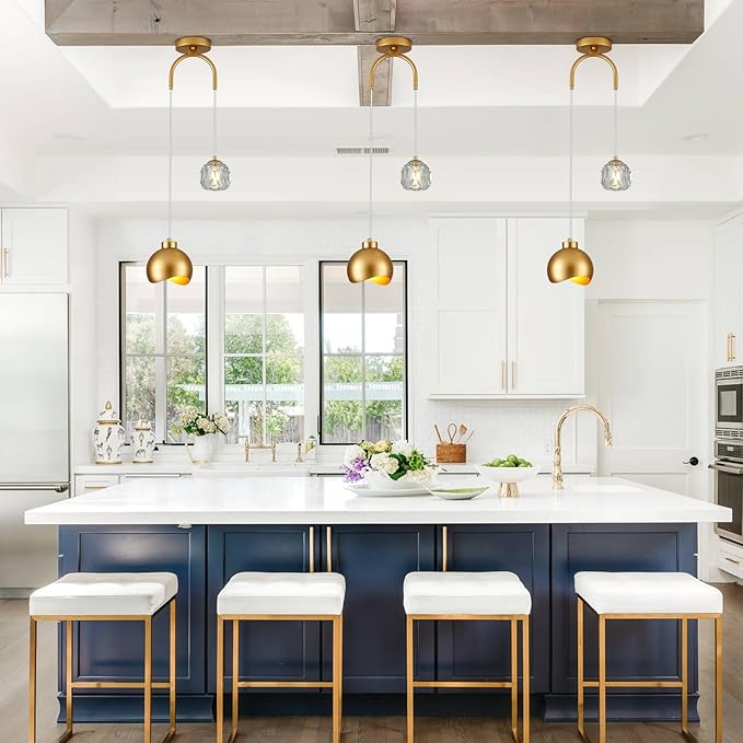2 - Light Modern Pendant Light with Crystal Accent, Gold Pendant Light Hallway, Unique Hanging Light Fixture for Entryway Bedroom Kitchen Island