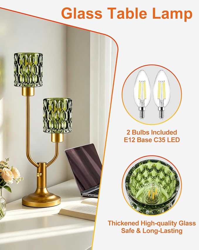 Lightdot Mid Century Modern Green Table Lamp for Bedroom Dimmable Nightstand Lamp Vintage Glass Gold Desk Lamp 2 Bulbs Included Warmwhite Ambient Bedside Lamps for Living Room Home Office Decor Gift