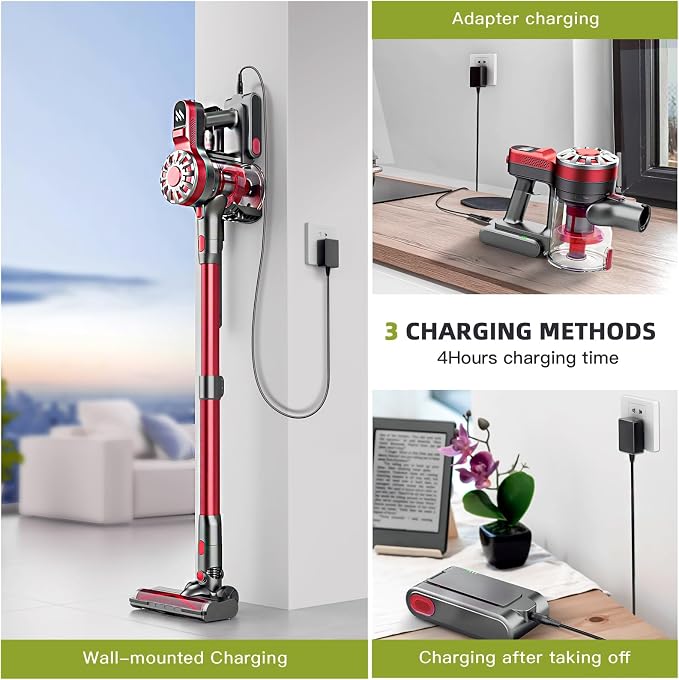 WLOTPO Cordless Vacuum Cleaner for Home,Lightweight Stick Vacuum Cordless Rechargeable with Power Suction, Up to 35 Mins Runtime, Hardwood Floor Vacuum for Pet Hair,Carpets,Tile(Ruby Red)