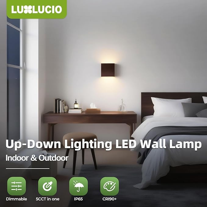Indoor Outdoor Brown Up and Down Wall Sconce, 5%-100% Dimmable 18W, 5 Color Temperature Selectable (2700K-5000K), Modern Lighting for Living Room/Porch, CRI90+, 120V-277V, ETL FCC Certified