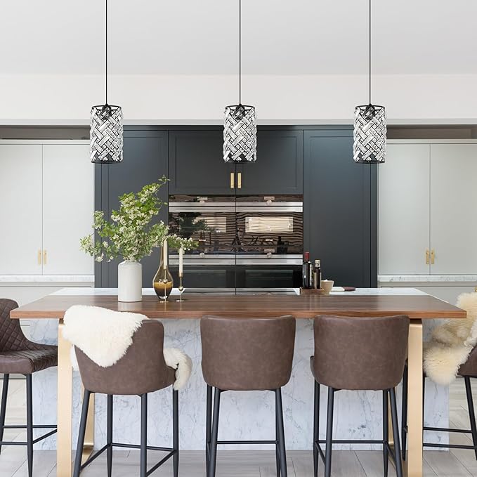 CATINER Modern Black Crystal Pendant Light Fixture, Mini Chandelier 3-Pack for Kitchen Island, Dining Room, Living Room, Hallway, Porch, Bedroom Lighting