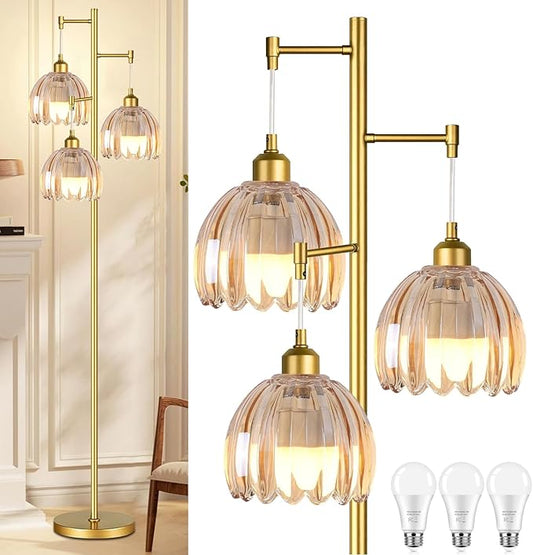 QIYIZM Gold Floor Lamp for Living Room,Bedroom,Tree 3 Light Standing Lamp Mid Century Modern Brass Tall Floor Lamps Vintage Retro Floor Lights Glass Flower Amber Lamp Shade Farmhouse Boho Bohemian