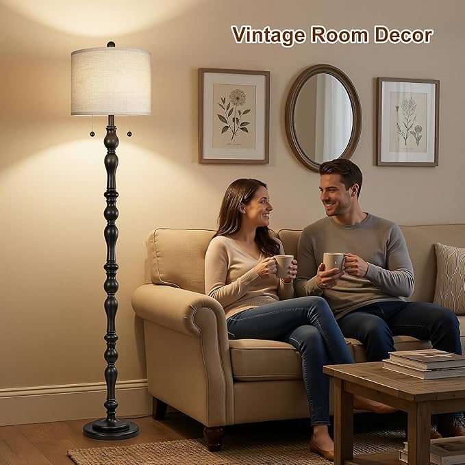 Scenekoy 65.5 Natural Real Wood Rustic Floor Lamp for Living Room Bedroom, Dual Pull Chains Switch, Wooden Base, Retro Farmhouse Tall Standing Lamp with Linen Shade for Living Room Office Home Room