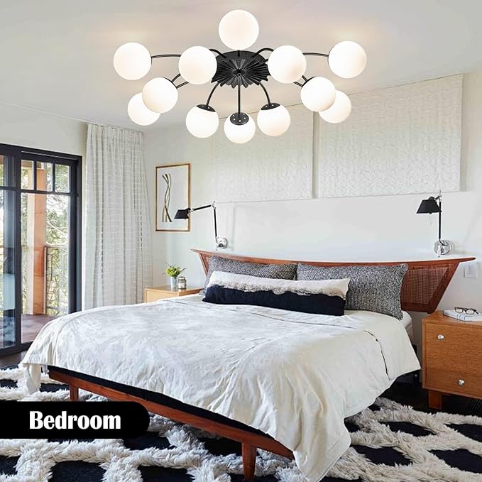 12-Light Milk Glass Pendant Light, 33" Sputnik Bubble Glass Chandelier Light Fixture, Hand Blown Semi Flush Mount Ceiling Chandeliers Lighting for Dining Room, Living Room (Black, 12-Light Ceiling)