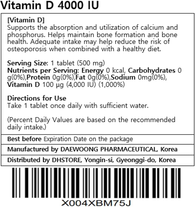 Comprimés de vitamine D 4000 UI de Daewoong, Supplément de vitamine D3 à haute puissance pour un soutien quotidien, mini-comprimés faciles à avaler, approvisionnement de 30 jours, sans OGM, sans gluten, fabriqué en Corée