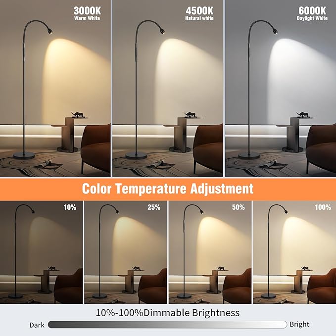 Powfloven LED Beam Reading Floor Lamp, 360° Adjustable Standing Floor Lamp with Flexible Gooseneck, Timer and Zoomable Spotlight, Black Task Bright Lights with Remote for Living Room, Bedroom