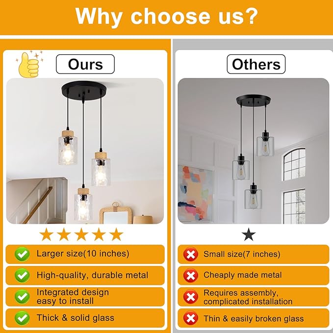 3-Light Pendant Light Fixtures, Black Pendant Lights Kitchen Island, Adjustable Pendant Lighting with Clear Hammered Glass Shade, Modern Hanging Light Fixtures for Dining Room, Hallway, Living Room