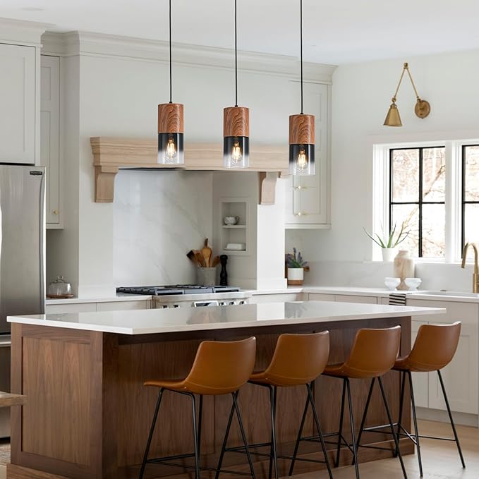 2-Pack Modern Pendant Lights for Kitchen Island, Adjustable Black Pendant Light Fixtures with Brown Wood Grain, Industrial Glass Pendant Lights for Dining Table Hallway Bedroom Living Room