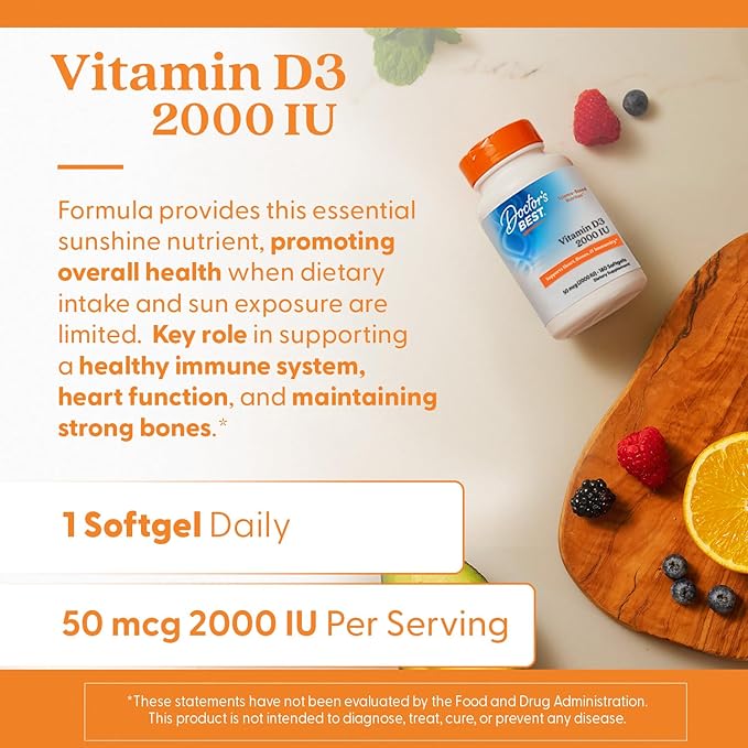 Doctor's Best Vitamine D3 2000 UI Gélules pour Hommes et Femmes - Complément de Vitamine D pour le Soutien du Système Immunitaire et la Santé Cardiaque, 50 mcg par Portion, Vit D3, Sans OGM, Sans Gluten, Sans Soja - 180 Gélules