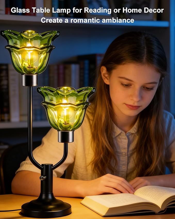 Lightdot Green Glass Flower Table Lamp Dimmable Nightstand Lamp Mid Century Modern Vintage Black Desk Lamp 2 Bulbs Included Warmwhite Ambient Bedside Lamp for Living Room Bedroom Home Office Decor