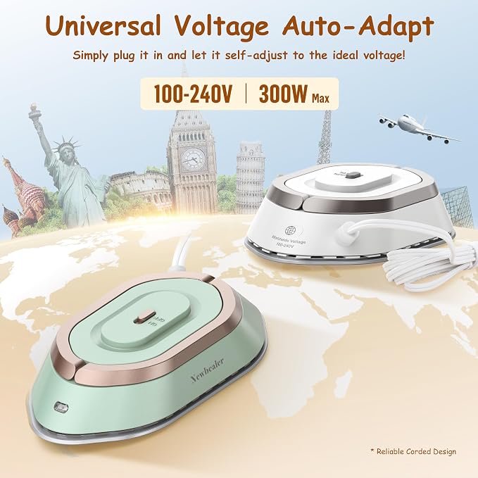 Newbealer Travel Iron Set, 100-240V Mini Dry Iron for Clothes (No Steam) | Max 300W, Heats in 60s, 302℉ Ceramic Soleplate, Handy Heat Press, 0.8lbs Lightweight for Quick Touch-ups Worldwide (Silver)