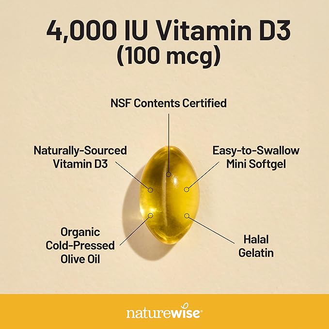 NatureWise ビタミンD3 4000IU（100mcg）1年分 免疫サポート、健康的な筋肉機能、骨の健康に - 非遺伝子組み換え、グルテンフリー、オーガニックエキストラバージンオリーブオイル使用（ミニソフトジェル）、360粒