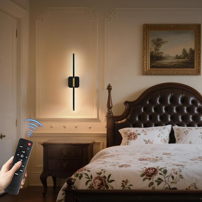 GvvooHome Battery Operated Wall Sconce Detachable 360°Rotate, Wireless Wall Lamp 3000-6500K Dimmable, 10000mAh Rechargeable Wall Light for Bedroom, Living Room，28.3" Black Gold 4 Pack