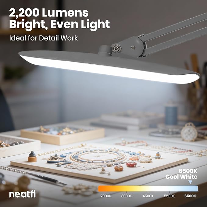 Neatfi XL 2200 Lumens 24W LED Desk Lamp – Shadow-Free Task Lighting | 4-Level Dimming | Home Office & Crafts Use | 20-Inch Wide Head (Silver, Non-CCT with Clamp)