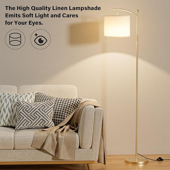 Ambimall 60" Gold Floor Lamp with Remote Control and Stepless Dimmable Bulb, Colors Temperature & Brightness Adjustable, Modern Floor Lamps for Living Room, White Shade & Gold Pole