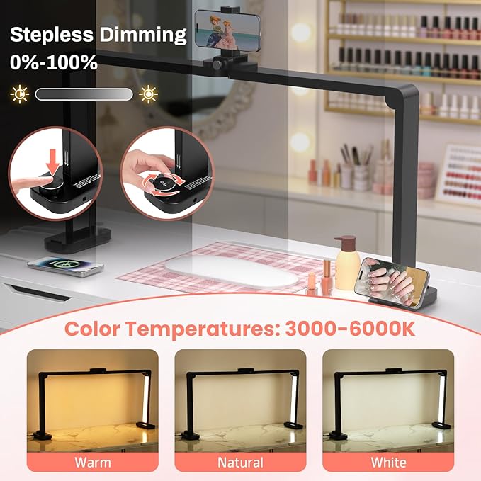 Half Moon Light for Nail Desk with Phone Holder, Large Square Nail Lamp for Desk, Professional Manicurist Desktop Lamp, LED Light Suitable for Manicures, Tattoos, and Sewing, Black