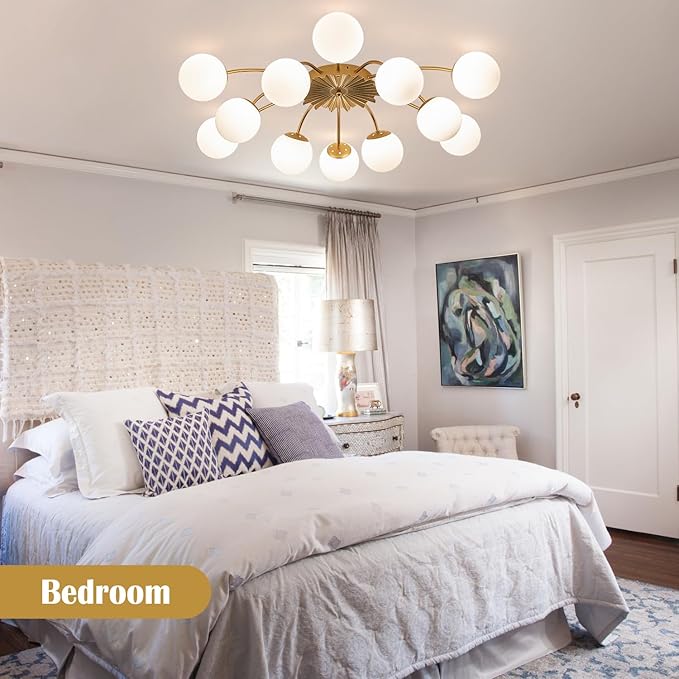 12-Light Milk Glass Pendant Light, 40" Sputnik Bubble Glass Chandelier Light Fixture, Hand Blown Semi Flush Mount Ceiling Chandeliers Lighting for Dining Room, Living Room (Gold, 12-Light Ceiling)