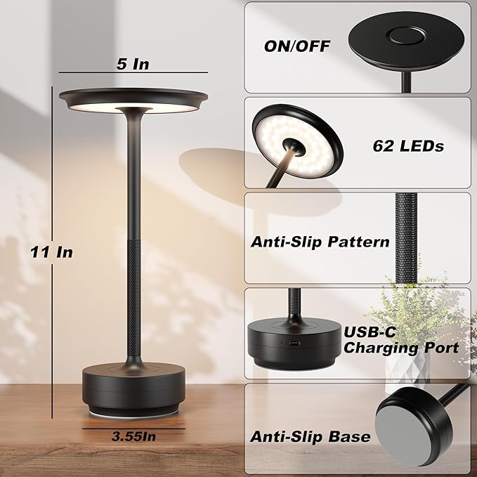TBBGA 1 Pack Cordless Rechargeable Table Lamps, Portable 5000mAh Restaurant Table Lamp, 3 Color Stepless Dimming LED Table Light with Memory Function, for Outdoor/Dinner/Patio/Camping.(Black)
