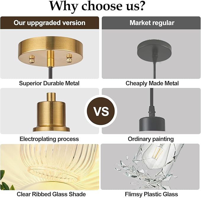 2 Pack 11"-70" Height Adjustable Clear Cylinder Pendant Lights Kitchen Island with Ribbed Lampshade, Brushed Gold Hanging Light Fixture, Pendant Lighting for Kitchen Island (Bulbs Not Included)