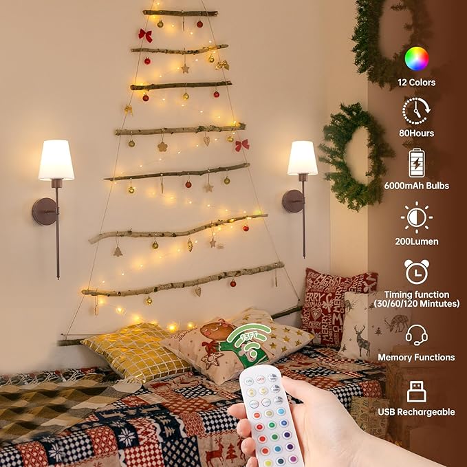 Shenmoyl Battery Operated Wall Sconces Set of 2, Walnut Color Wall Lamp 6000 mAh Rechargeable Bulb with 12 RGB Colors Dimmable Wall Sconce for Living Room Bedroom