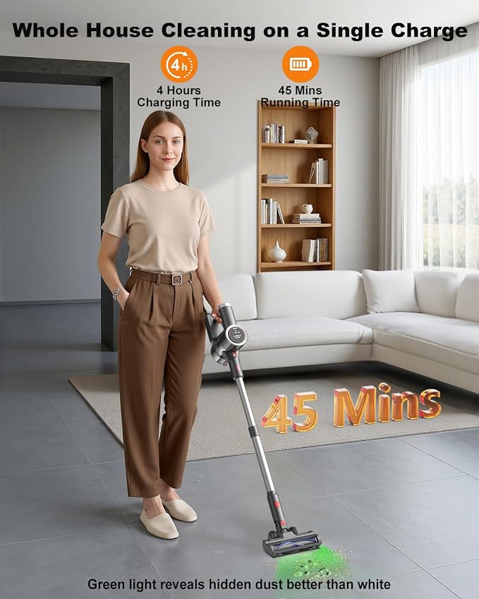 Cordless Vacuum Cleaner for Home, 6-in-1 Stick Vacuum Cordless Rechargeable with LED Display & Green Floor Lights, Lightweight Vacuum Cleaners for Home Pet Hair Hardwood Carpet - Silver