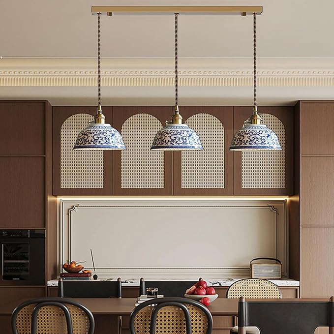 3-Light Ceramic Pendant Light, Chinese Blue and White Porcelain Pendant Light fixtures, Bedside Light, Hanging lamp for Kitchen Island Light Fixture, Home Bedroom Dining Room Ceiling Hanging Light