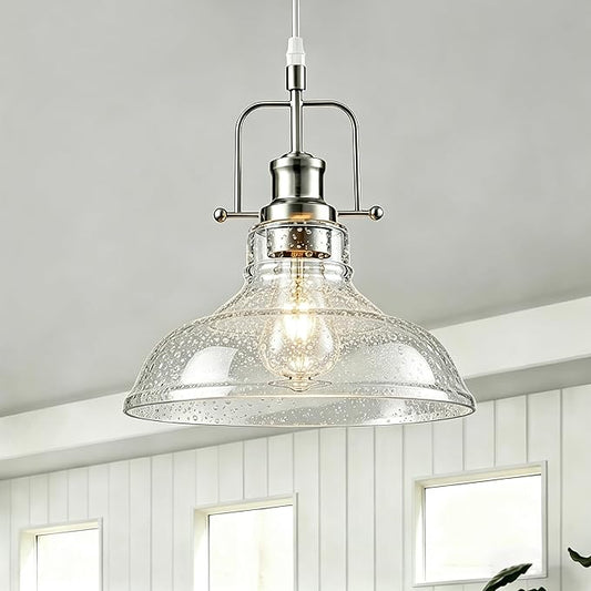 WILON Seeded Glass Pendant Lights,11 Inch Sand Nickel Pendant Lights Kitchen Island with E26 Base Vintage Hanging Ceiling Lamp for Kitchen Sink Hallway Dining Room Entry Hall(Sand Nickel Color)