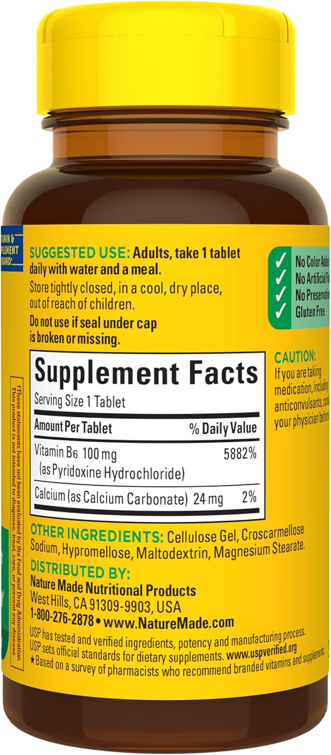 Nature Made Vitamin B6 100mg, B6 Vitamins for Energy Metabolism Support, 100 Tablets, 100 Day Supply